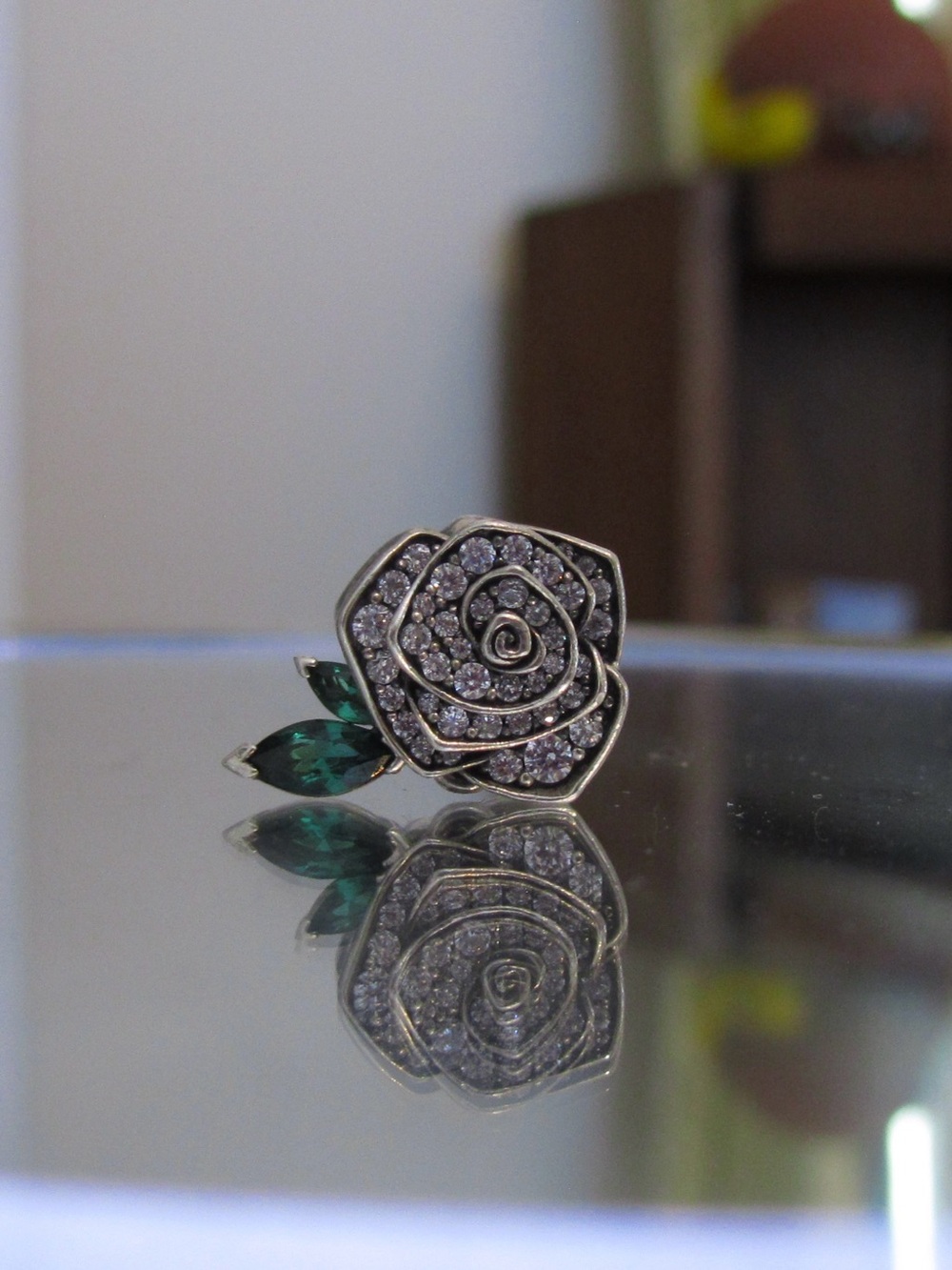Pandora Sterling Silver Rose Earring with Green Marquise Stones